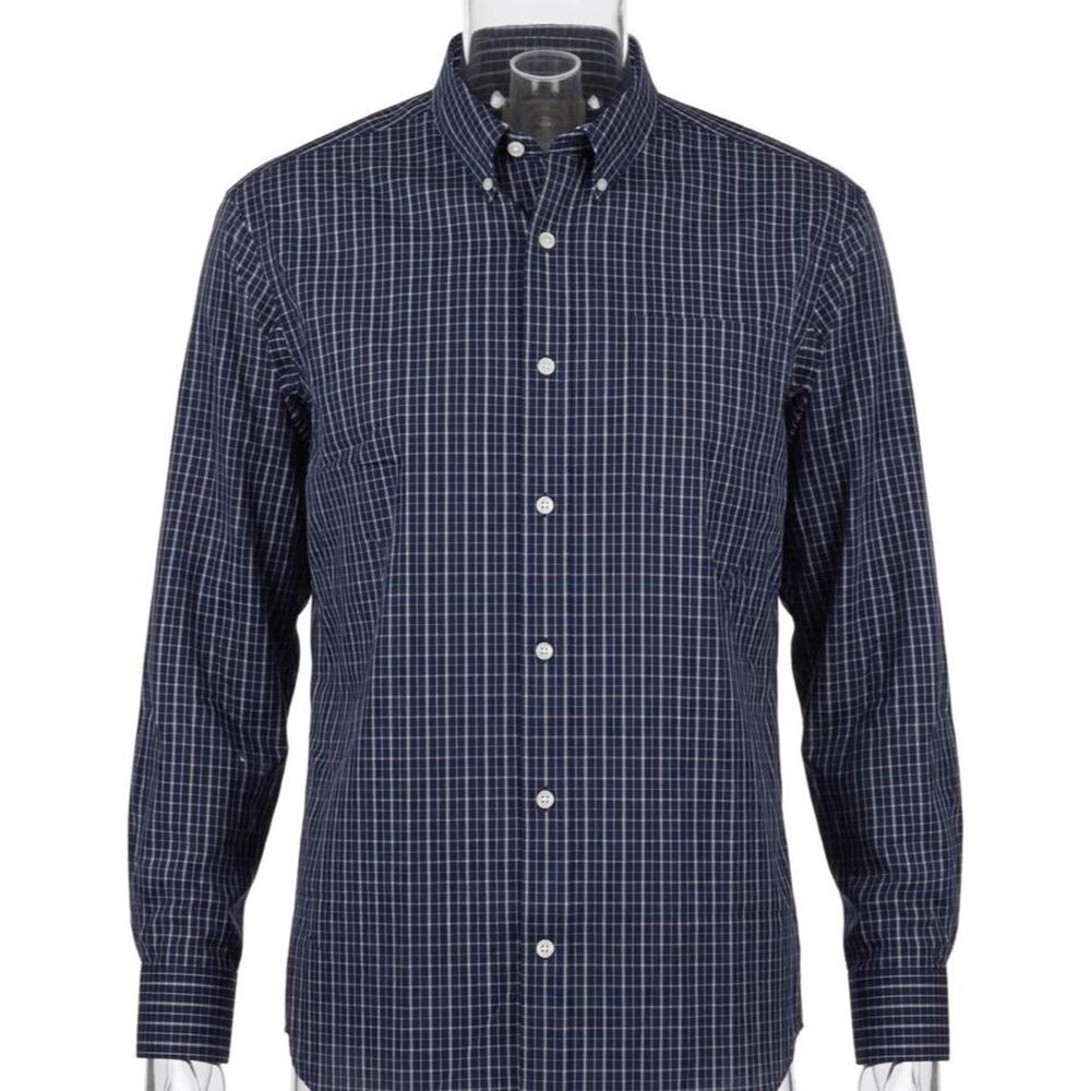 Duluth Trading Co Mens L Wrinklefighter Shirt Navy Check Plaid Long Sleeve NWT - Picture 1 of 5